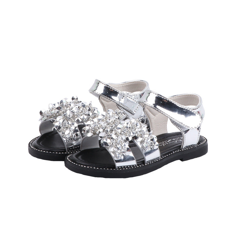 Girls Sandals Rhinestone Princess Sandals Girls Bright Leather Toe Beach Shoes