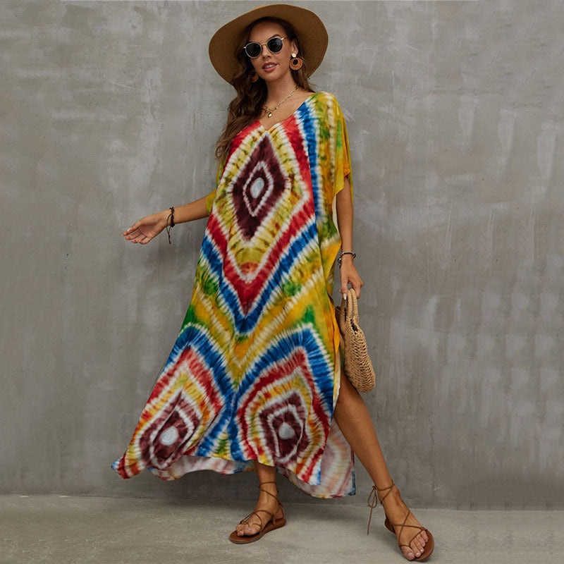 Fashion Printed Beach Blouse V Neck Gown