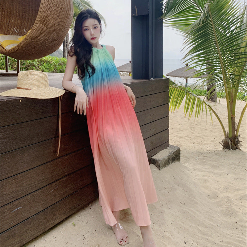 Loose Big Swing Beach Seaside Holiday Pleated Dress