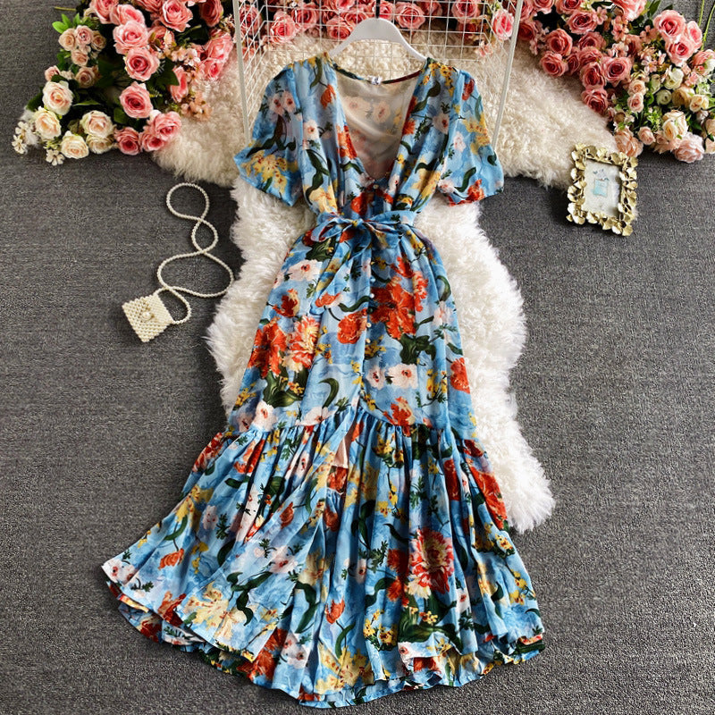 Temperament Beach Skirt Beach Holiday V-Neck Print Dress