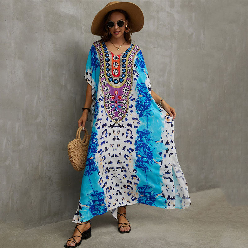 Fashion Printed Beach Blouse V Neck Gown