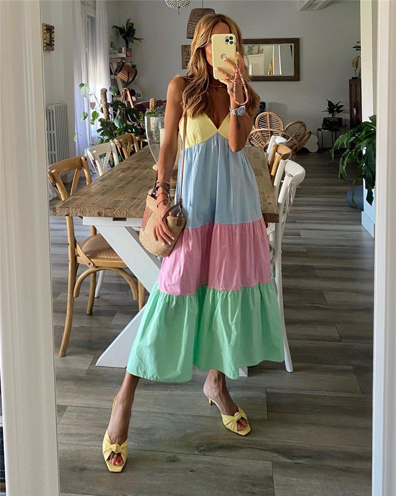 Sexy Sling Stitching Contrast Color Long Dress Beach Dress