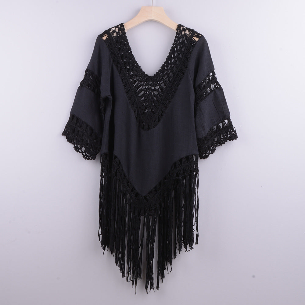 Solid Color Cutout Beach Irregular Fringe Blouse