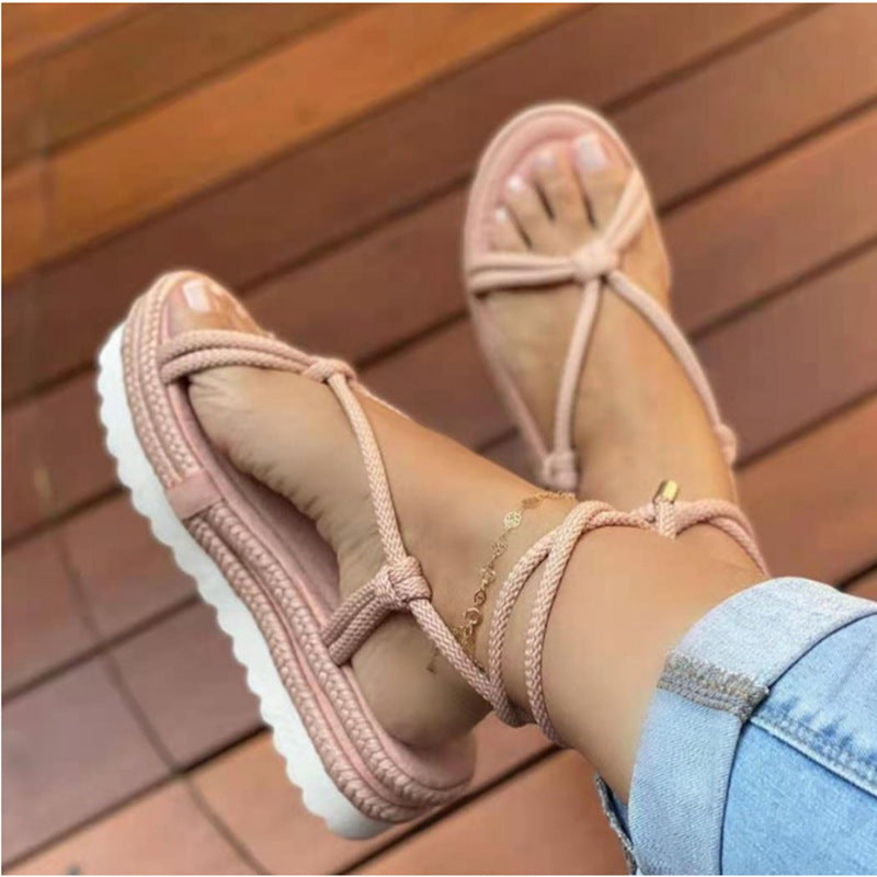 Lace-up Braided Hemp Strap Platform Beach Sandals