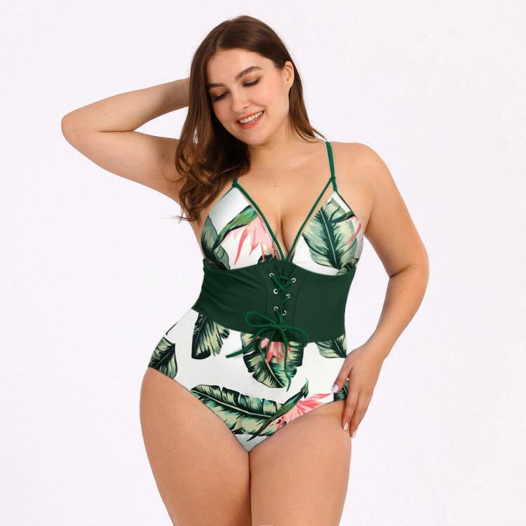 Women's Bikini Print Bouquet Waist Plus Size Swimsuit