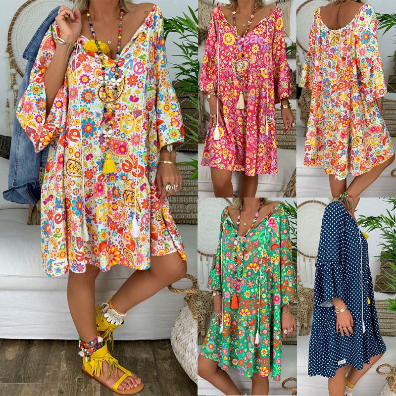 Printed 3/4 sleeves ruffled shirt beach skirt