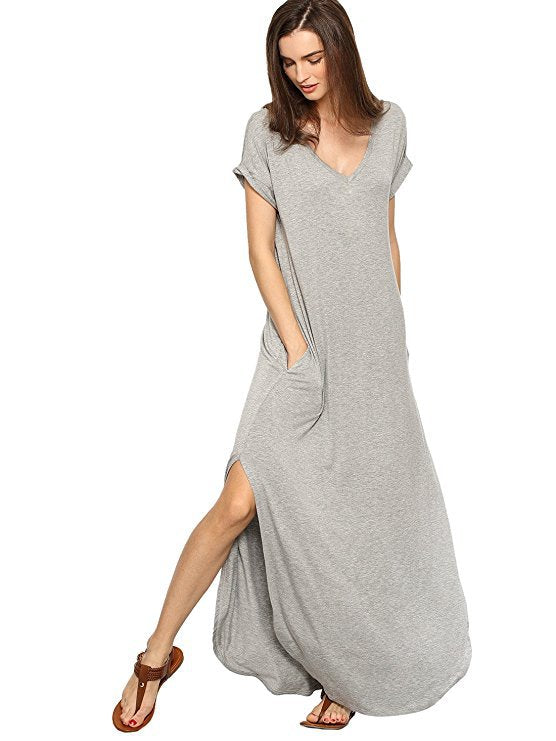 V-neck Short Sleeve Side Slit Beach Dress