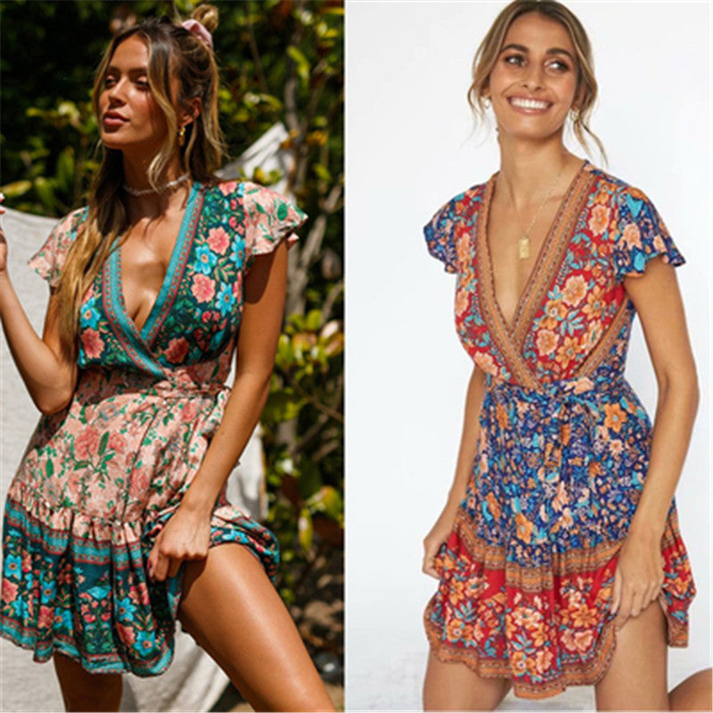 Positioning Printed Collar Bohemian Wrap Holiday Beach Dress