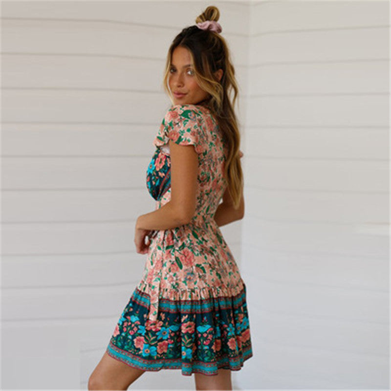 Positioning Printed Collar Bohemian Wrap Holiday Beach Dress