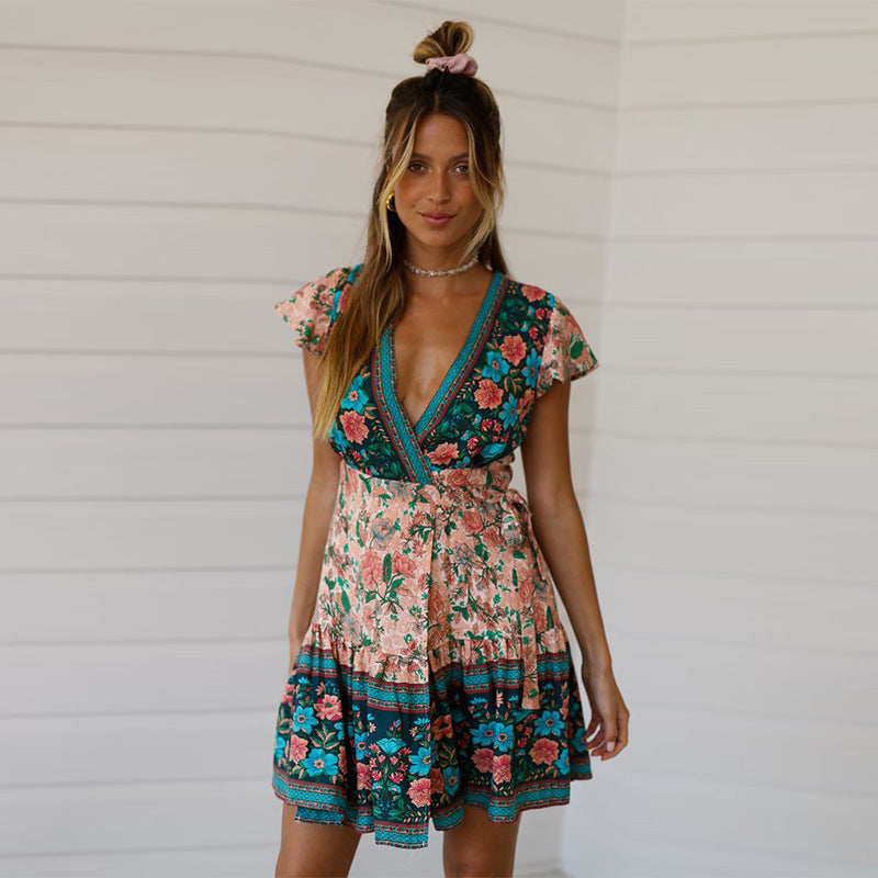 Positioning Printed Collar Bohemian Wrap Holiday Beach Dress