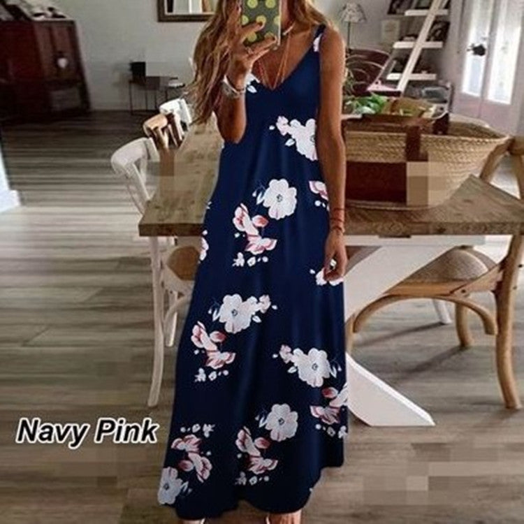 Sleeveless V-neck Printed Long Beach Dress