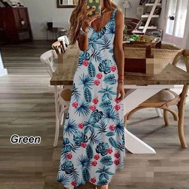 Sleeveless V-neck Printed Long Beach Dress