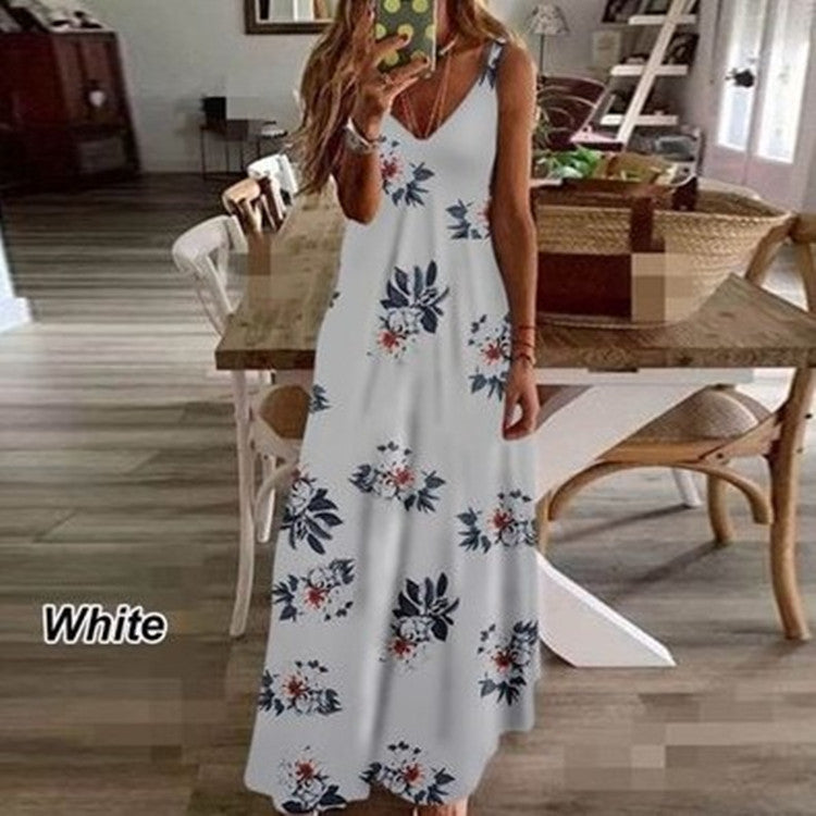 Sleeveless V-neck Printed Long Beach Dress