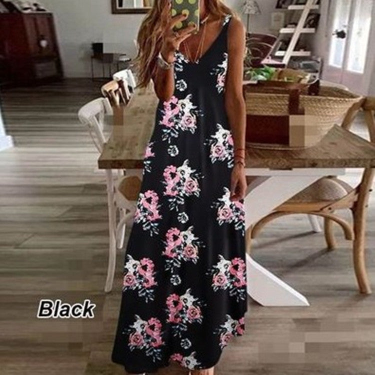 Sleeveless V-neck Printed Long Beach Dress