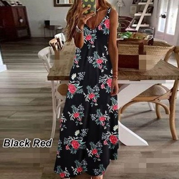 Sleeveless V-neck Printed Long Beach Dress