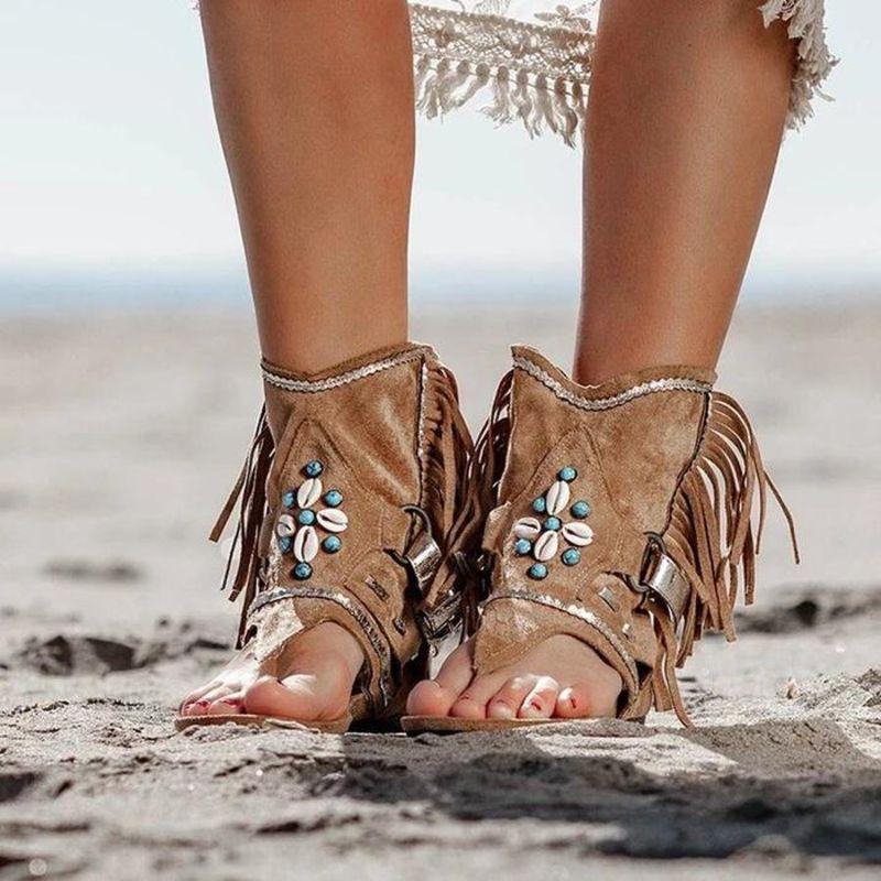 Ladies Fringed Beaded Finger Beach Sandals