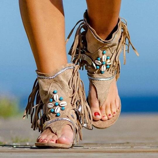 Ladies Fringed Beaded Finger Beach Sandals