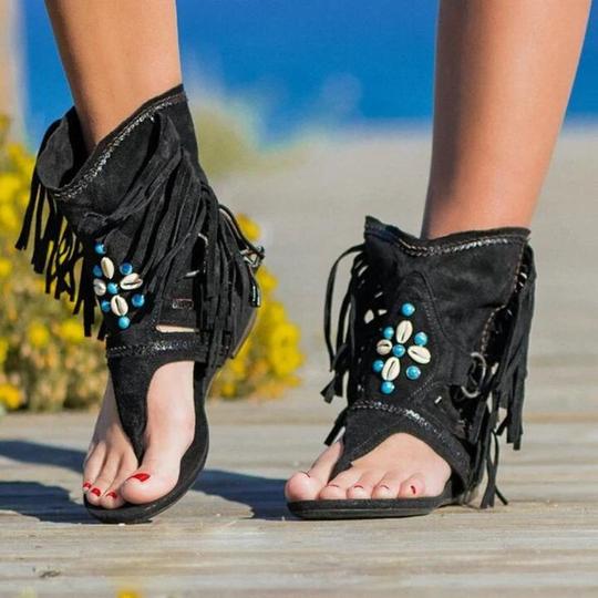 Ladies Fringed Beaded Finger Beach Sandals