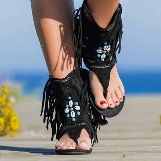 Ladies Fringed Beaded Finger Beach Sandals