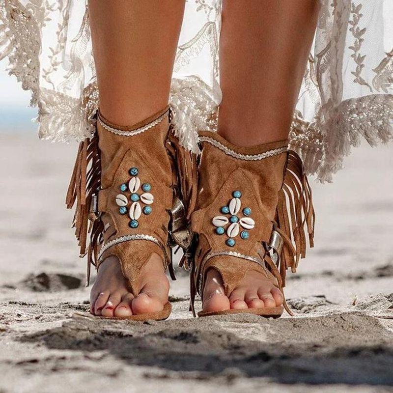 Ladies Fringed Beaded Finger Beach Sandals