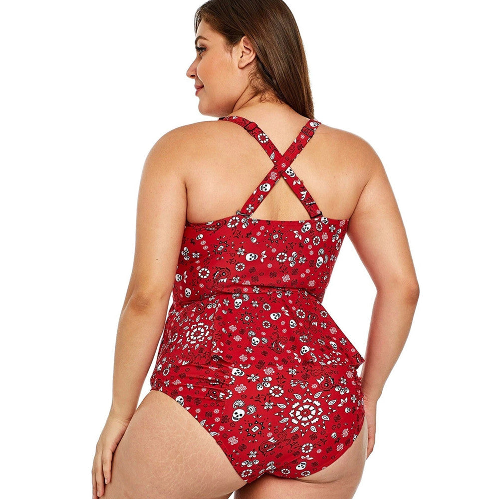 Fashion Ladies Plus Size Printing Split Swimsuit