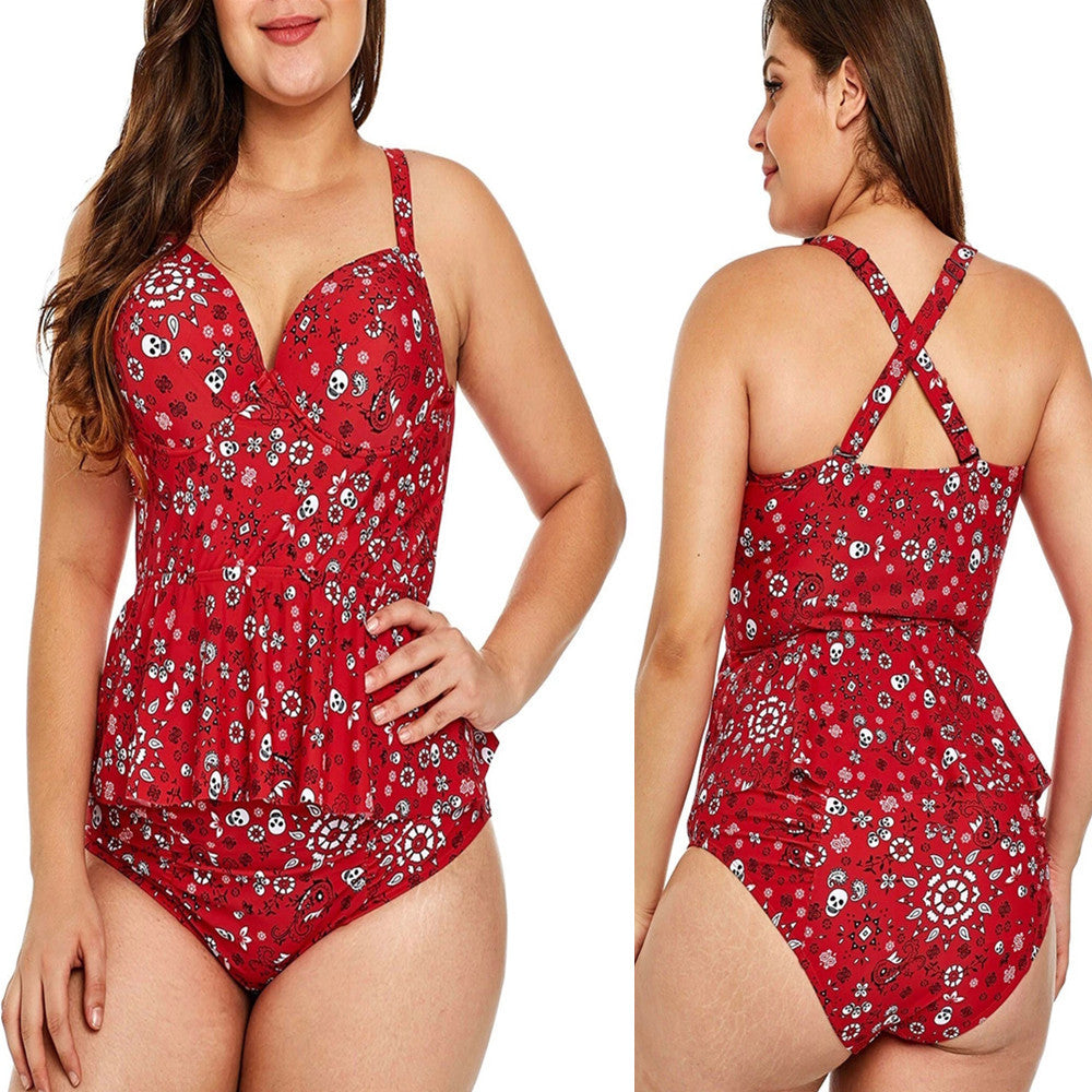 Fashion Ladies Plus Size Printing Split Swimsuit