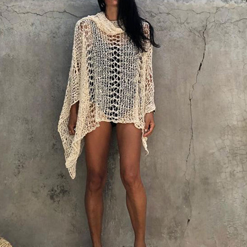 New Beach Blouse Women'S Knit Pullover Sleeve Short Beach Sunscreen Shirt Beach Vacation Bikini Swimsuit