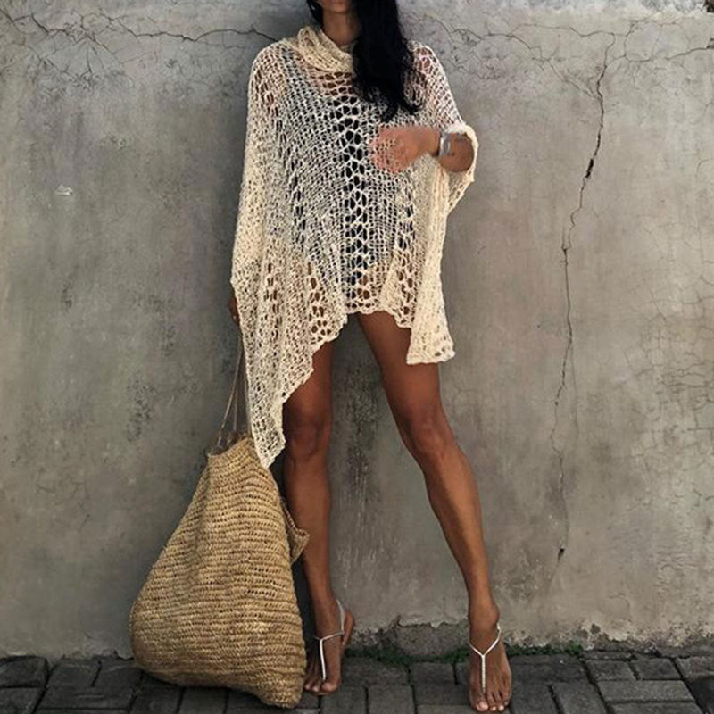 New Beach Blouse Women'S Knit Pullover Sleeve Short Beach Sunscreen Shirt Beach Vacation Bikini Swimsuit