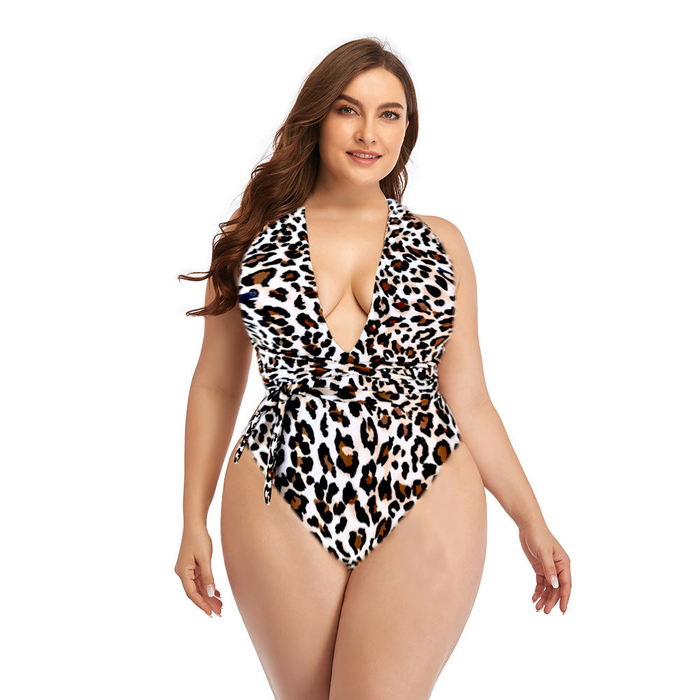 Leopard Print Sexy Plus Size Strappy All-In-One Bikini Swimsuit