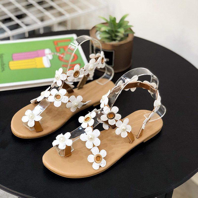 Outer Size Plus Size Sandals Women's Flower Flat-bottomed Beach Roman All-over Sandals