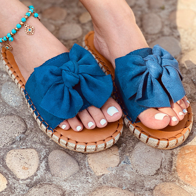 2021 New Bow Sandals Women Bow Flat Sandals Beach Outdoor Slippers Solid Color Sandals In Stock