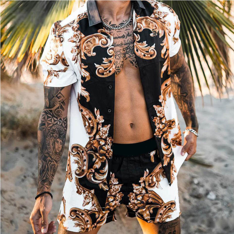 Beach Style Loose Shirt Hawaiian Print Two-Piece Suit