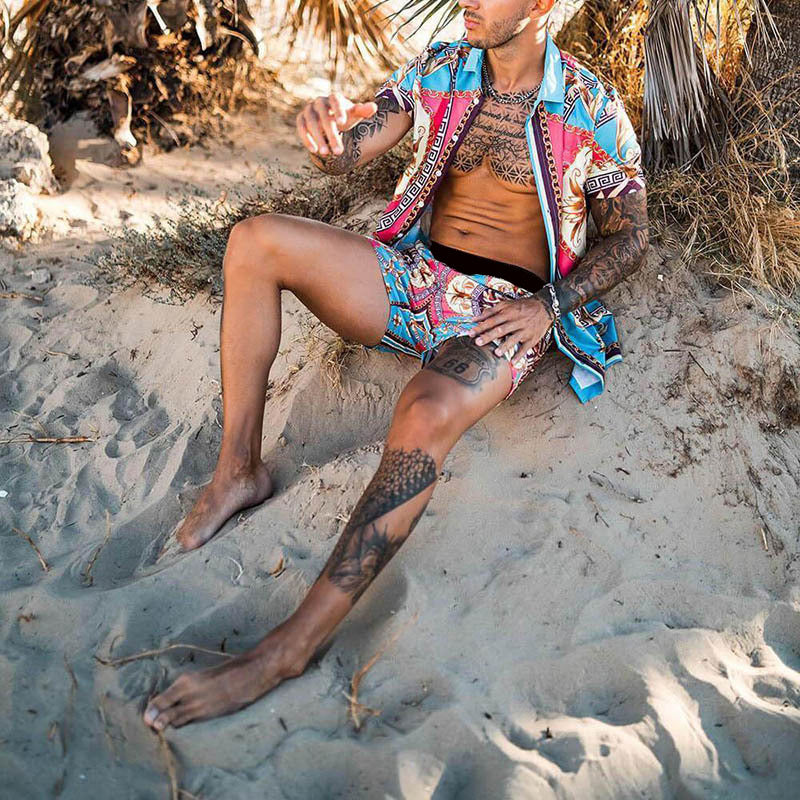 Beach Style Loose Shirt Hawaiian Print Two-Piece Suit