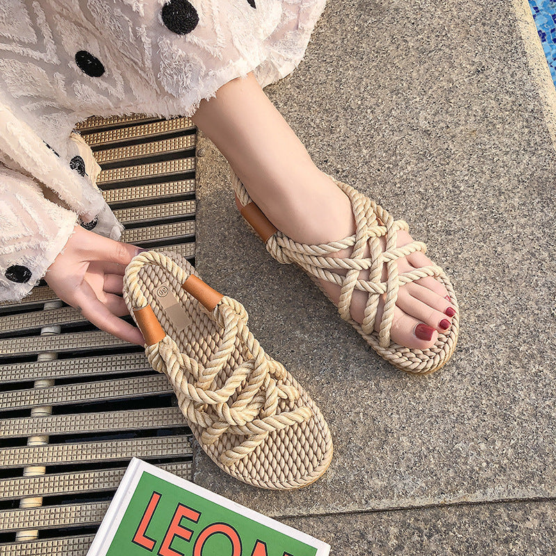 Flat Hemp Rope Cross Casual Beach Sandals