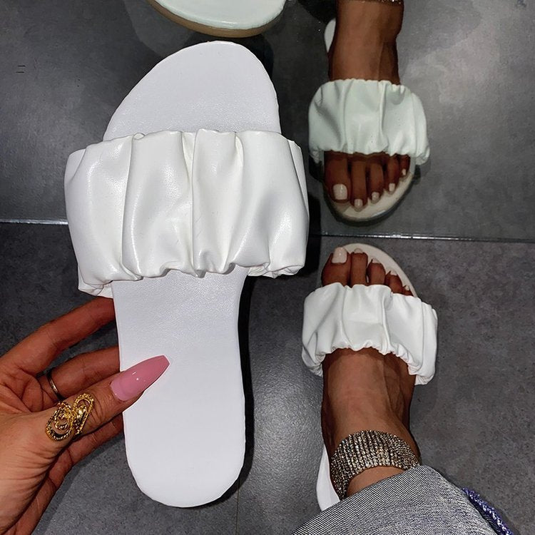 Summer Flat Slippers Pleated Design Sandals Women's Beach Shoes