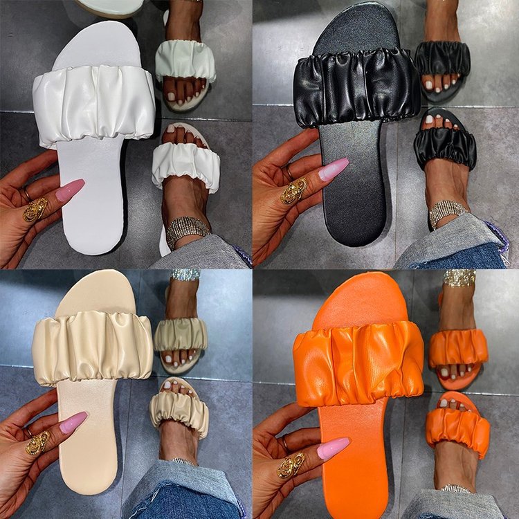 Summer Flat Slippers Pleated Design Sandals Women's Beach Shoes