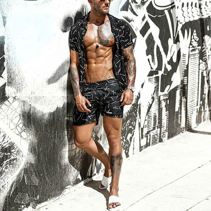 Men's Casual Loose Beachwear Three-color Printed Short-sleeved Suit