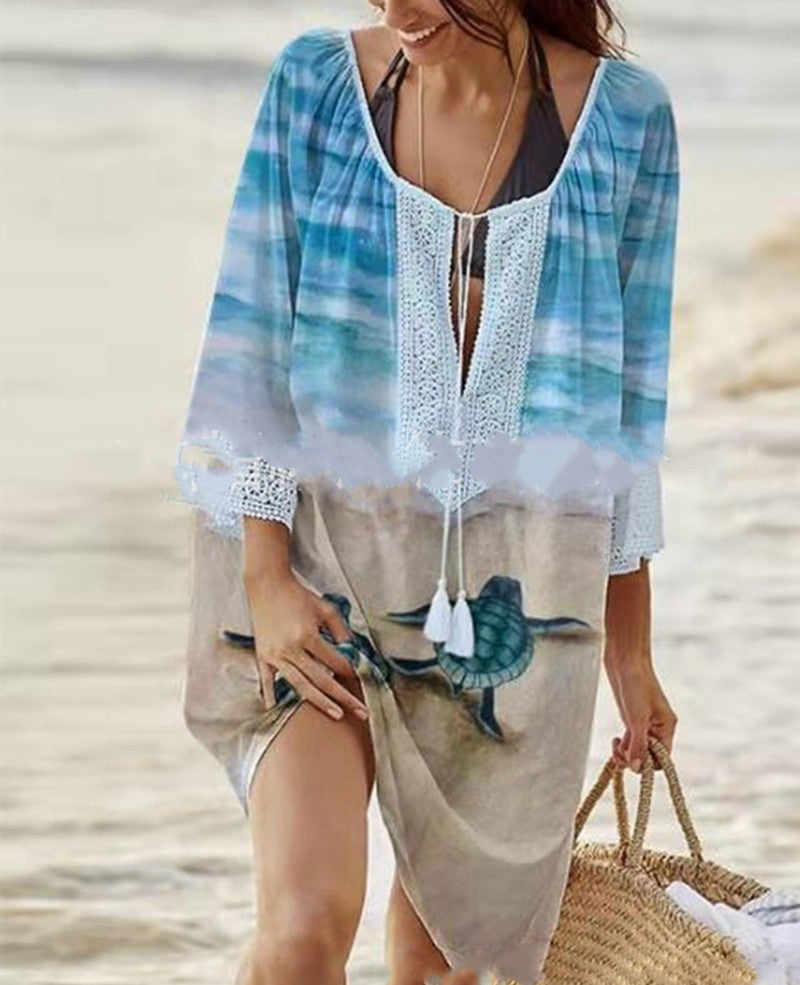 Turtle Print Sunscreen Beach Shirt Dress