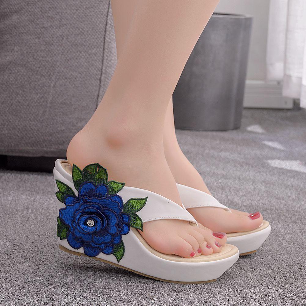 White Plus Size Wedge Heel Sandals Beach Flip Flops Bohemian Flower Sandals Women'S Foreign Trade Plus Size Shoes