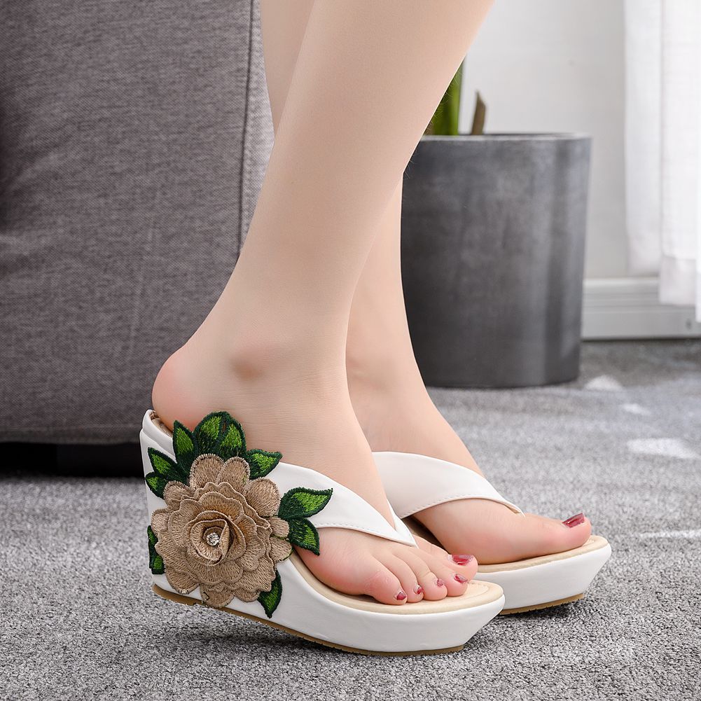 White Plus Size Wedge Heel Sandals Beach Flip Flops Bohemian Flower Sandals Women'S Foreign Trade Plus Size Shoes