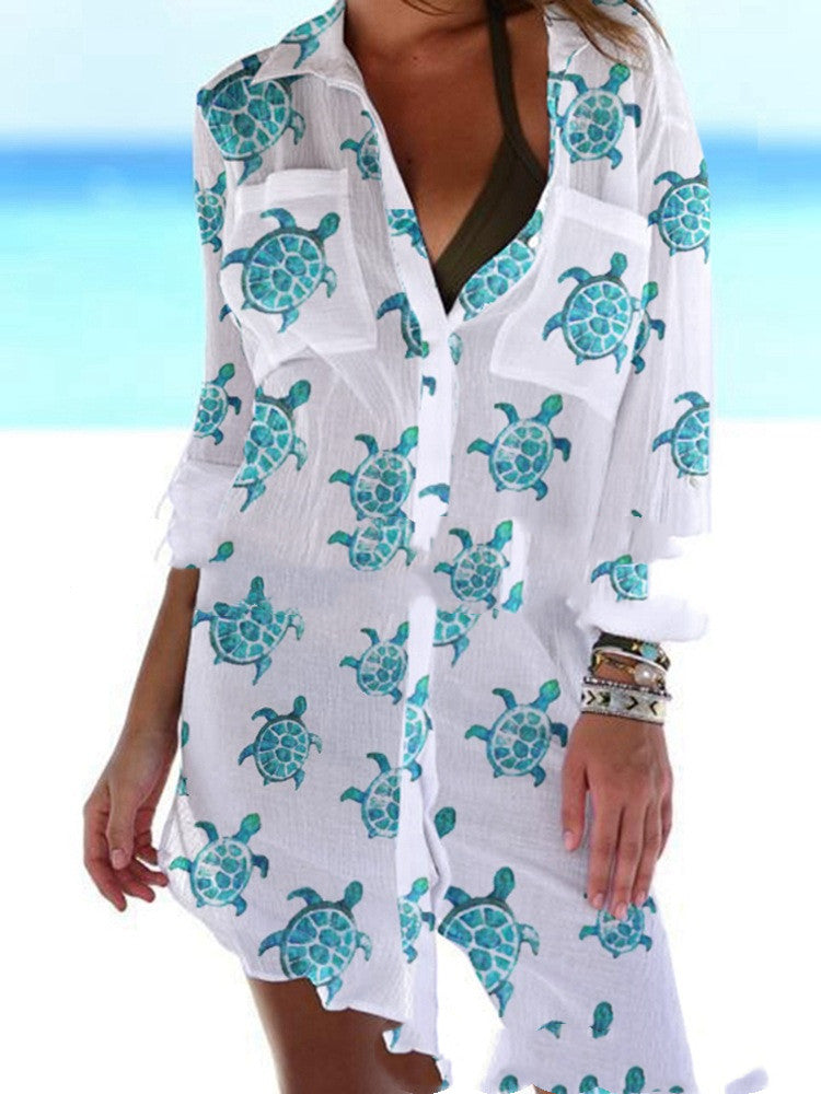 Summer Beach Turtle Long Cardigan Shirt