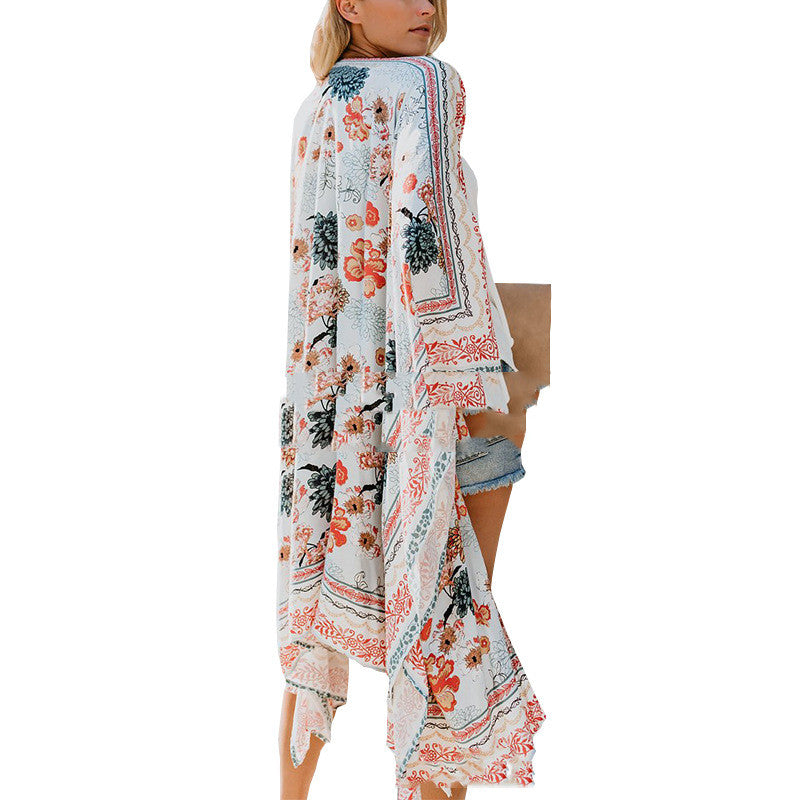 Women's Beach Blouse Sunscreen Printed Chiffon Shirt Jacket Cardigan