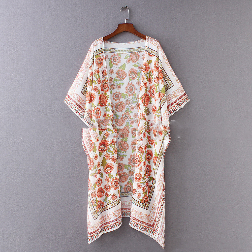 Women's Beach Blouse Sunscreen Printed Chiffon Shirt Jacket Cardigan