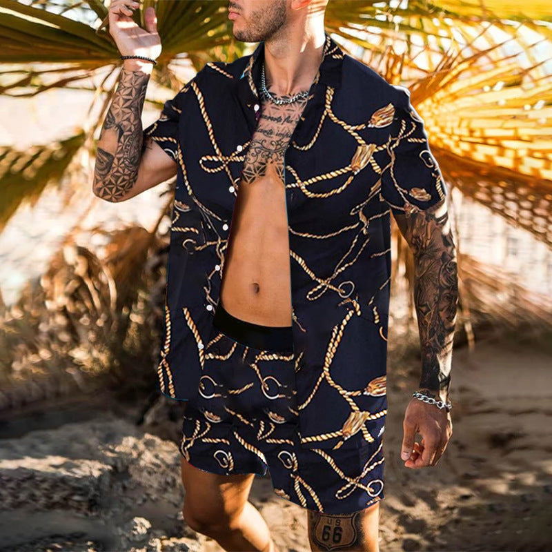 Beach Style Loose Shirt Hawaiian Print Two-Piece Suit