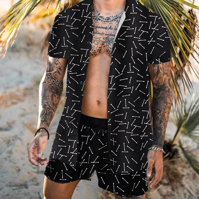 Beach Style Loose Shirt Hawaiian Print Two-Piece Suit