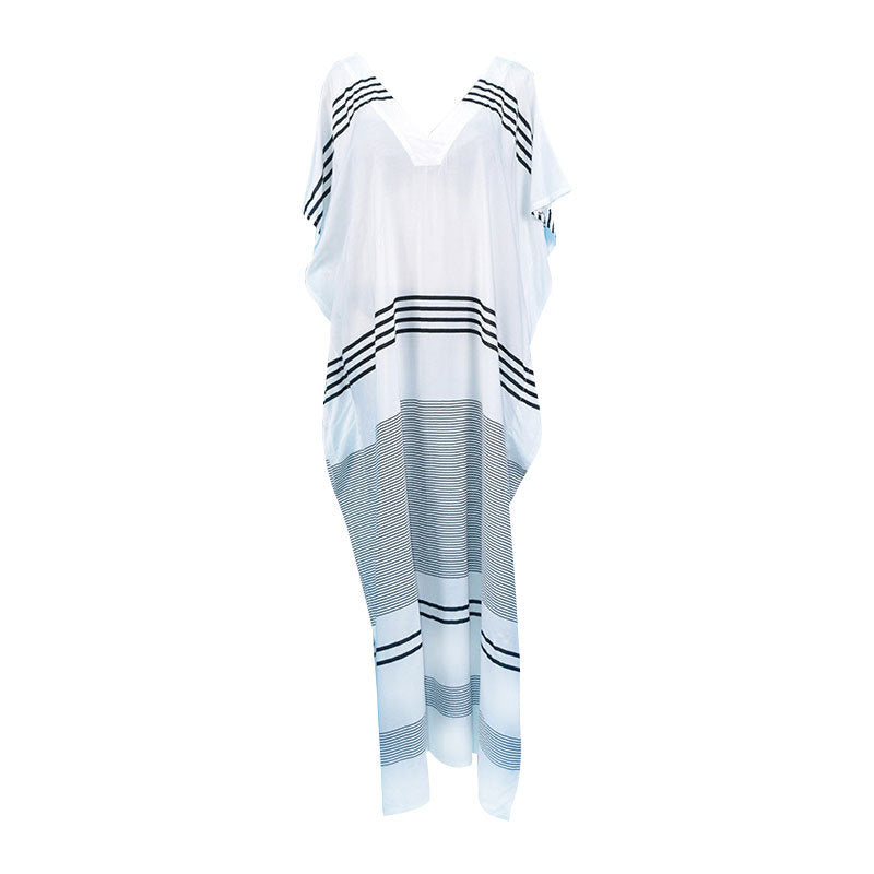 Striped V Neck Loose Long Bikini Coverall Beach Sunscreen Dress