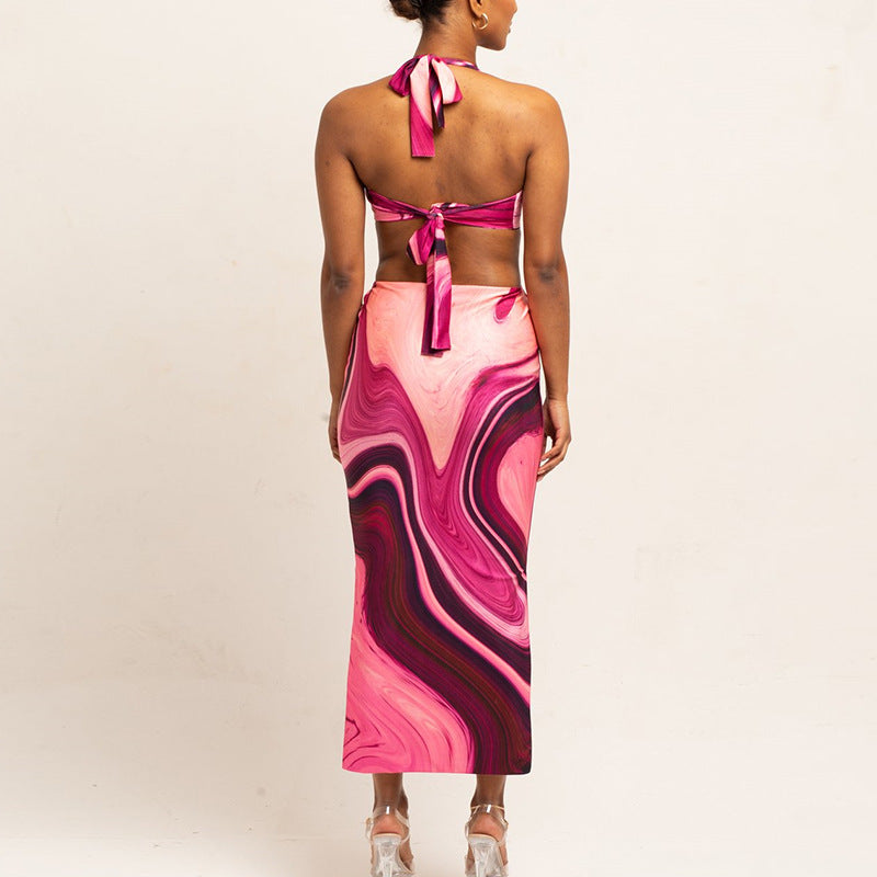 Abstract Print  Halterneck Hollow Backless Beach Dress