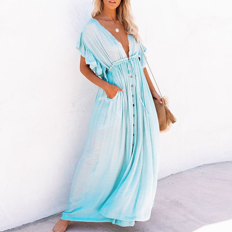 European And American V-neck Drawstring Sunscreen Shirt Beach Blouse Dress Long Skirt