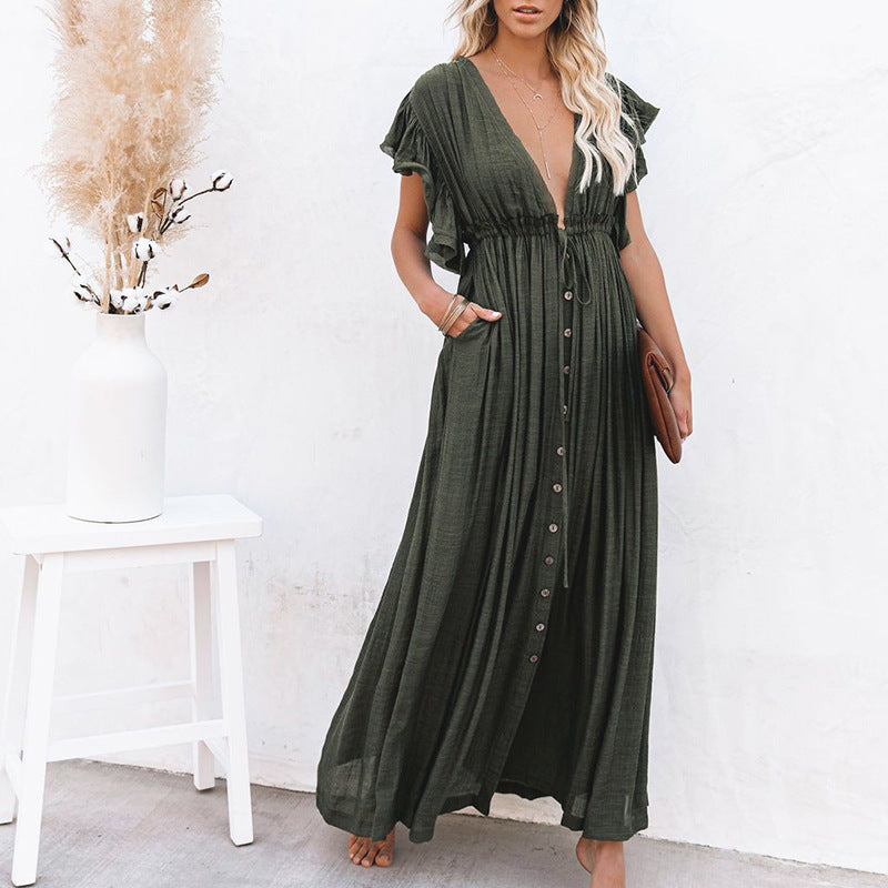 European And American V-neck Drawstring Sunscreen Shirt Beach Blouse Dress Long Skirt