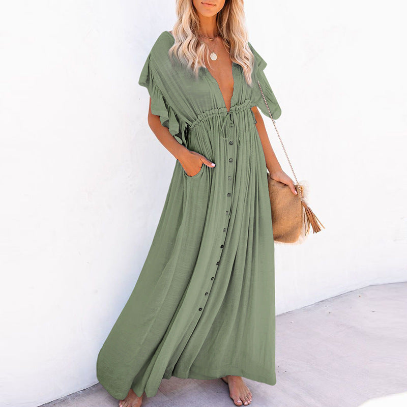 European And American V-neck Drawstring Sunscreen Shirt Beach Blouse Dress Long Skirt